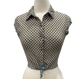 Expired Girl Textured Stretch Mesh Tie Front Cropped Top SZ M Black Tan